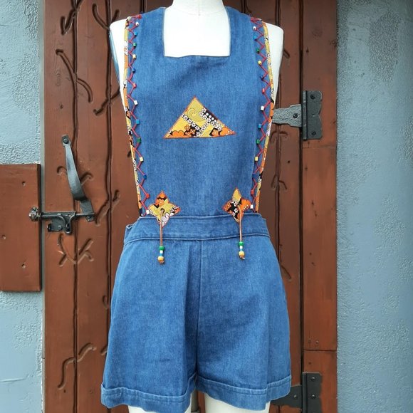 Vintage Pants - Vintage 70's Denim Pinafore Shorts Romper 4